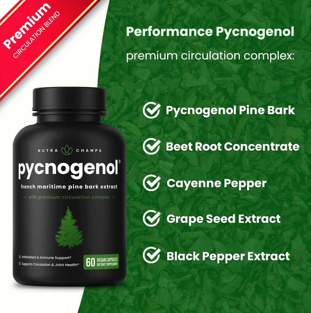 NutraChamps Pycnogenol ingredients spread with beet root, cayenne, and grape seed