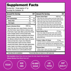NutraChamps Super Greens label detail highlighting organic ingredients and blends