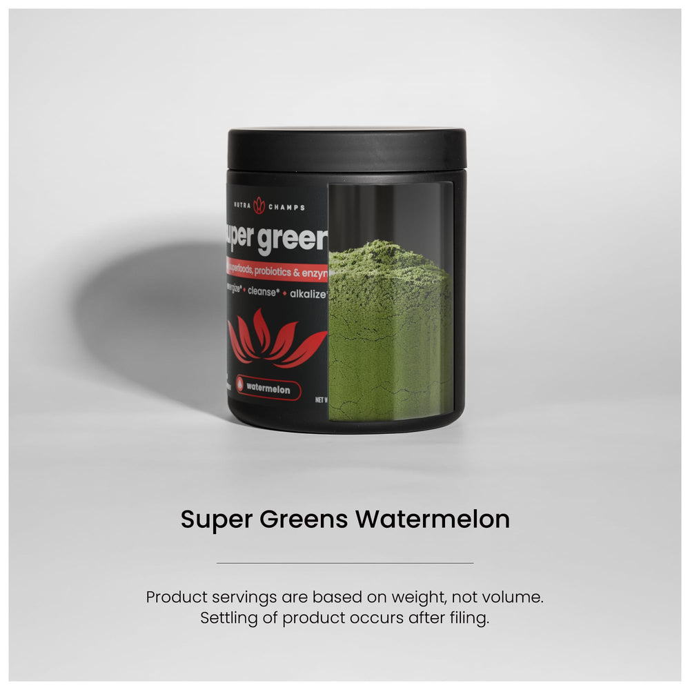 NutraChamps Super Greens packaging shown in a recyclable box.