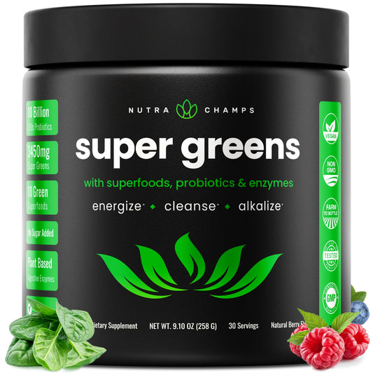 NutraChamps Super Greens bottle with scoop for on-the-go greens.