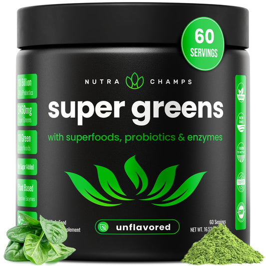 NutraChamps Super Greens bottle showing premium greens for daily nutrition