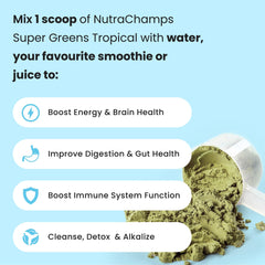 NutraChamps Super Greens powder close-up shows vibrant natural color.