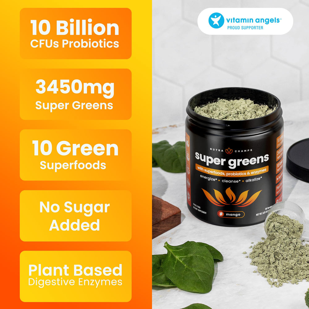 NutraChamps ingredients label emphasizing organic greens and enzyme blends