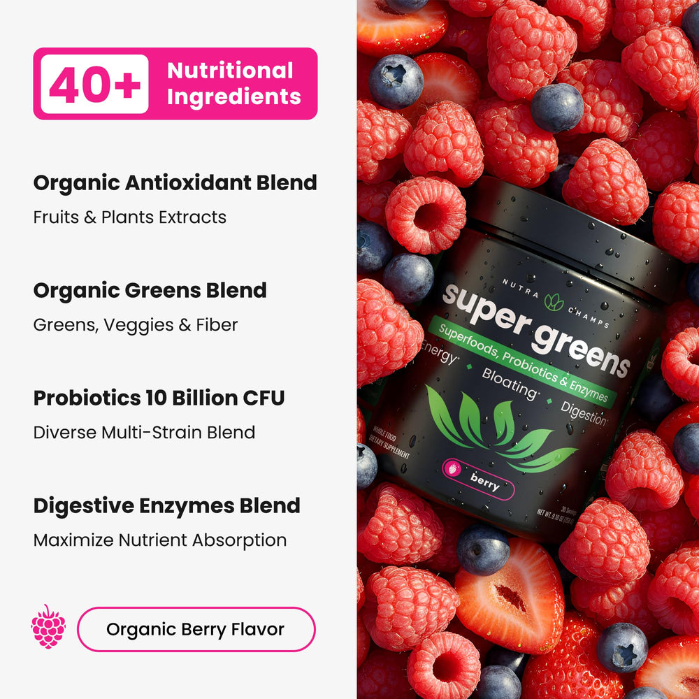 NutraChamps Super Greens measuring scoop beside a smoothie for quick nutrition.