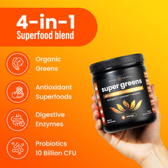 NutraChamps Super Greens powder in glass water illustrating quick, healthy hydration