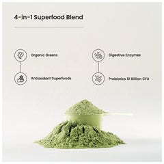 NutraChamps Super Greens scoop beside a prepared drink.