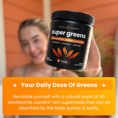 NutraChamps Super Greens powder close-up reveals fine texture and vibrant color
