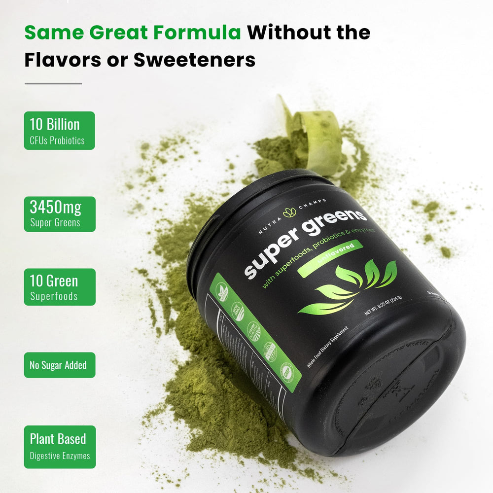 NutraChamps Super Greens bottle with serving chart guiding easy dosing