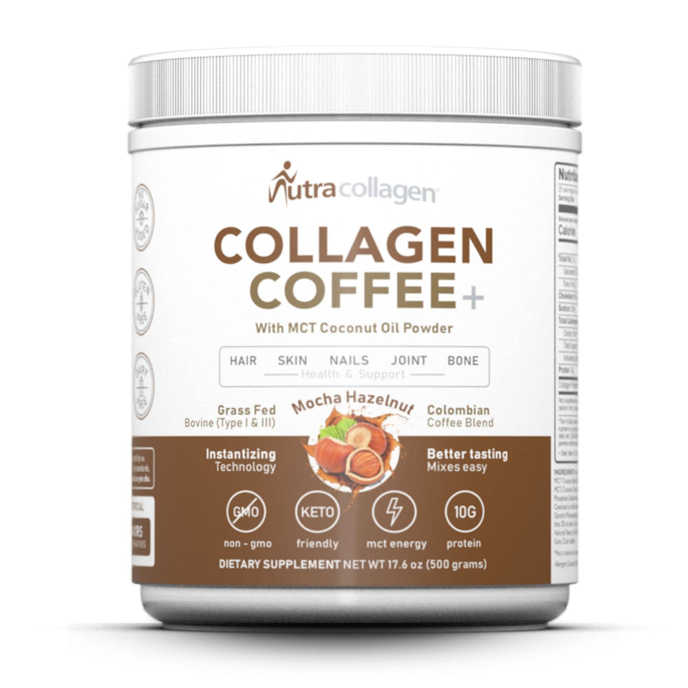 NUTRACOLLAGEN mocha hazelnut coffee powder in bag for daily beauty routine.