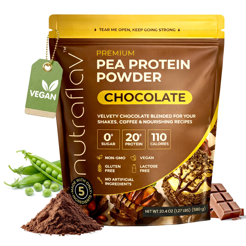 Nutraflav vegan chocolate protein canister front showing 20g per serving