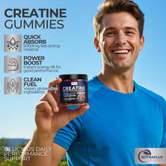 NUTRAFLUS Creatine Gummies jar label highlights vegan, clean ingredients for daily use