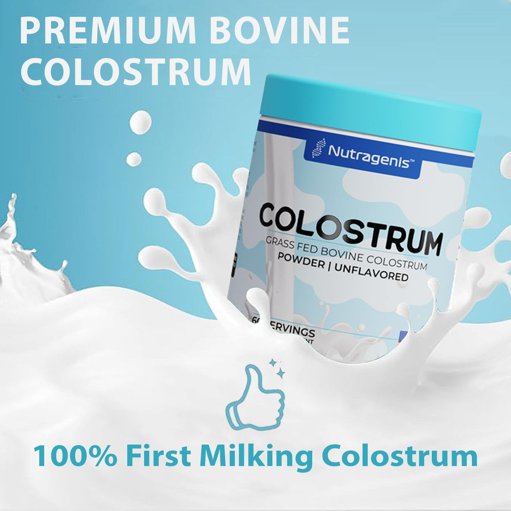 Nutragenis unflavored colostrum powder being stirred into water.