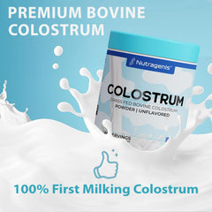 Nutragenis unflavored colostrum powder being stirred into water.