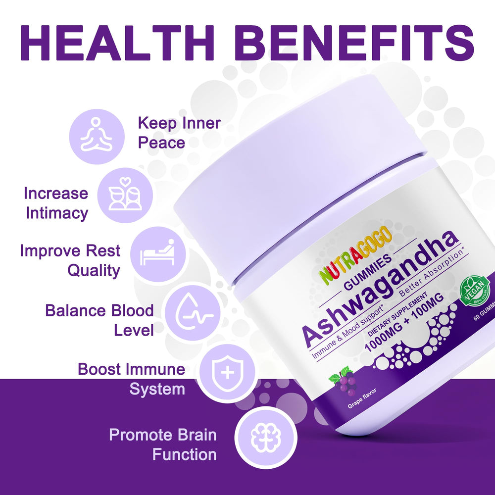 NUTRAGOGO Ashwagandha Gummies highlight non-GMO, sugar-free formula.
