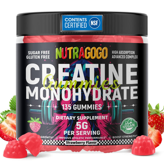 NUTRAGOGO Creatine Gummies pack shot showing convenient daily use for workouts