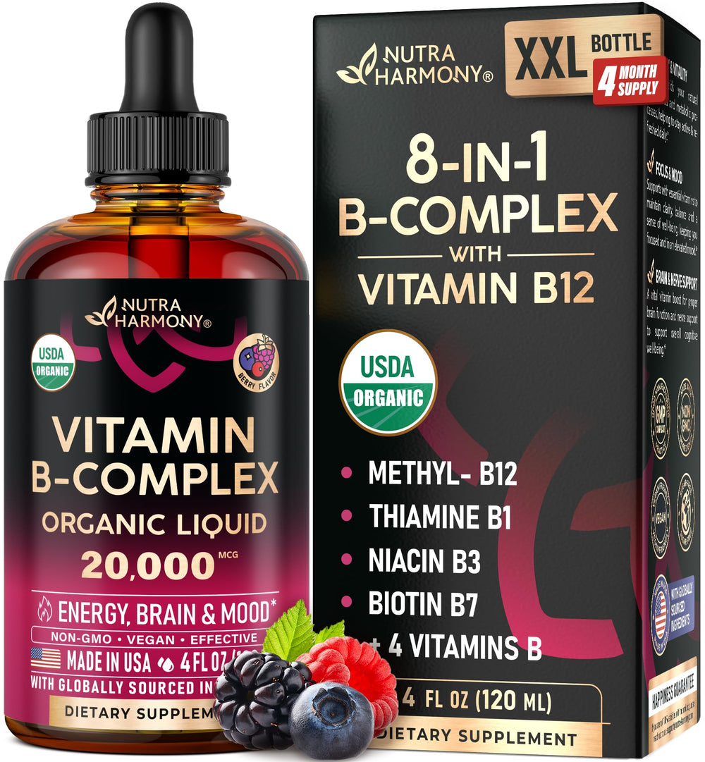 NUTRAHARMONY B-Complex liquid bottle with organic label for daily energy support.