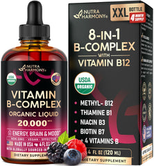 NUTRAHARMONY B-Complex liquid bottle with organic label for daily energy support.
