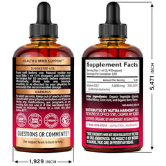 NutraHarmony B12 drops bottle back label highlighting organic, sugar-free formula.