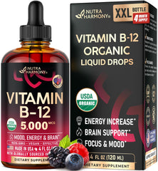 NutraHarmony B12 drops bottle front, vegan methylcobalamin for steady energy and mood support.