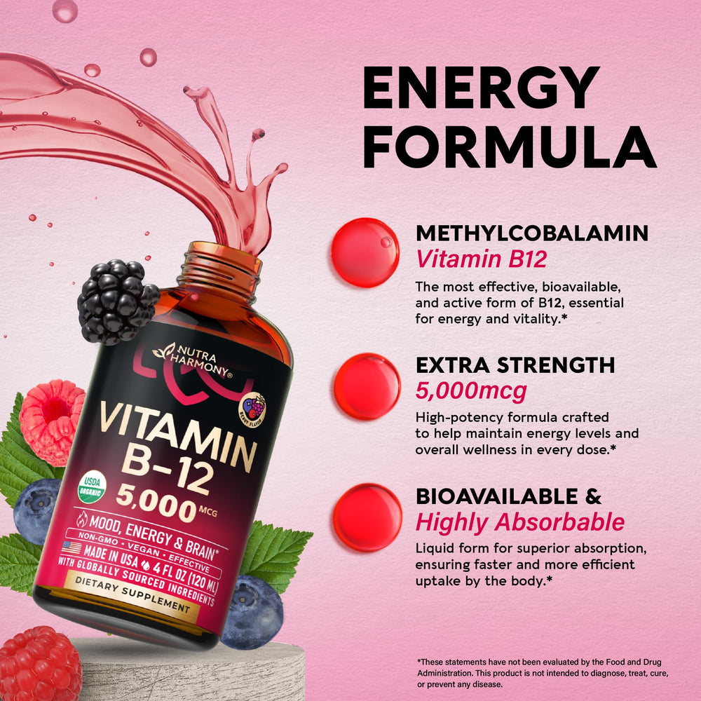 NutraHarmony B12 drops organic certification badge communicates quality.