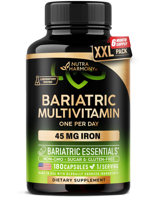 NutraHarmony Bariatric Multivitamin bottle label highlighting 21 vitamins for post-surgery support.