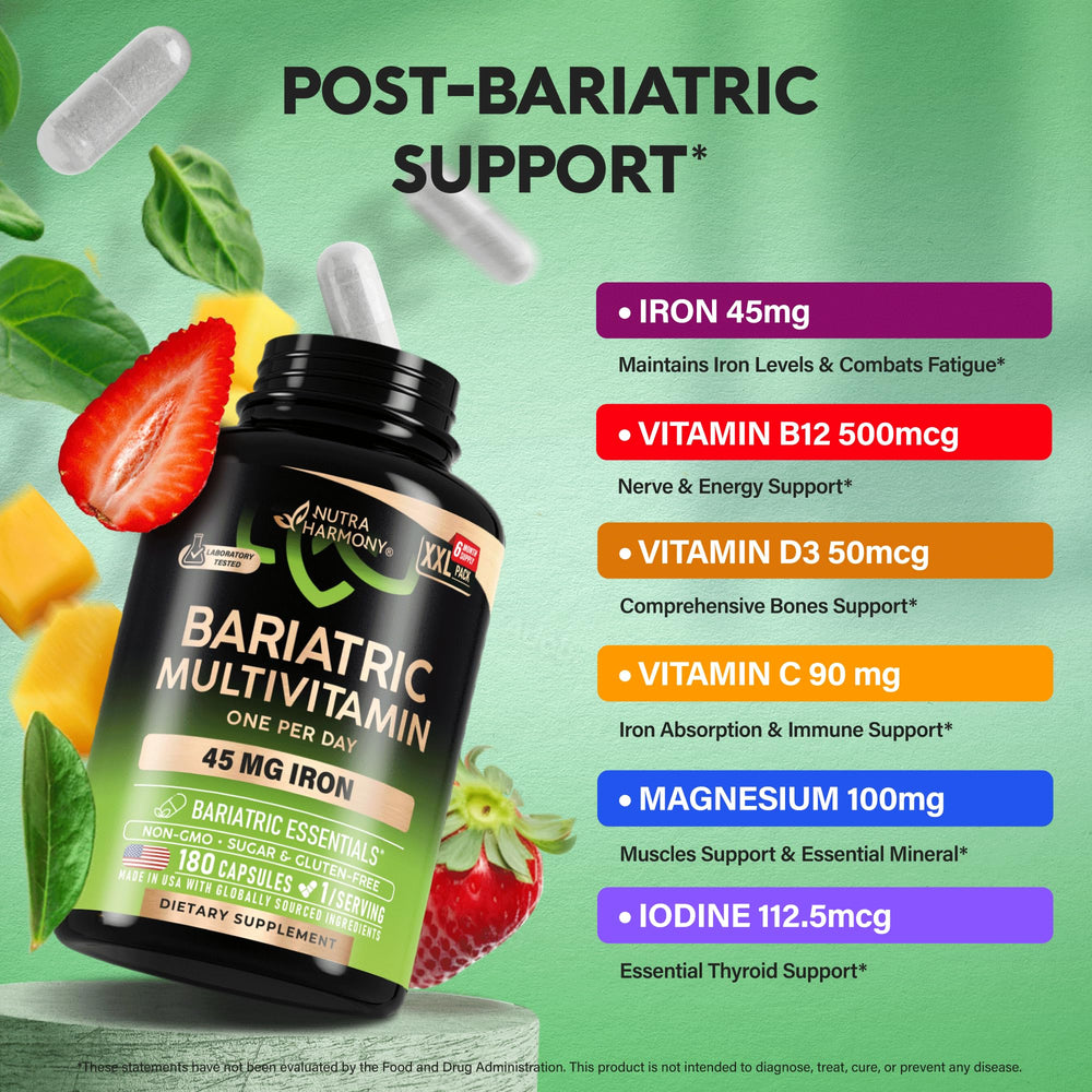NutraHarmony Bariatric Multivitamin capsules close-up displaying soft-shell capsules.