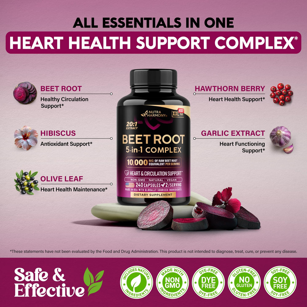 NUTRAHARMONY Beet Root 5-in-1 capsules with olive leaf and garlic for balanced vitality.