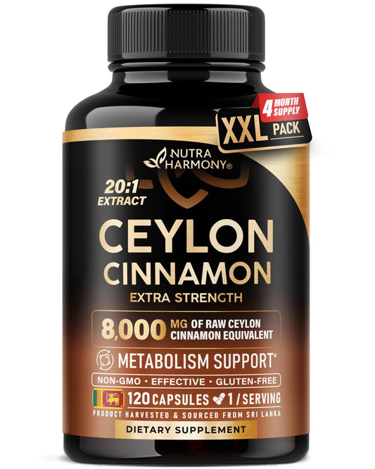 NUTRAHARMONY Ceylon Cinnamon capsules bottle for daily energy support.