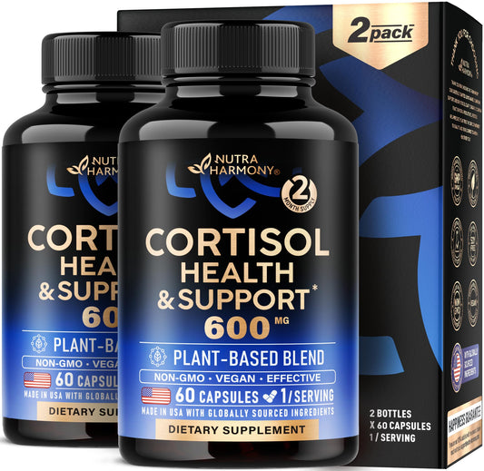 NutraHarmony cortisol supplement bottle with plant-based formula for daily balance