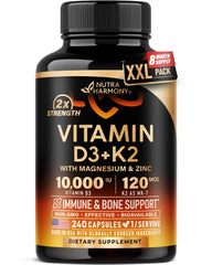NUTRAHARMONY D3K2 bottle displaying bone support and immune health