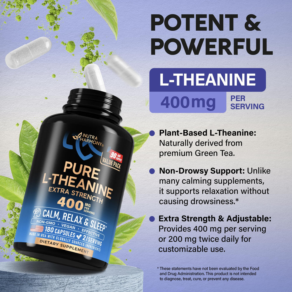 Green tea leaf imagery highlights the natural source behind NUTRAHARMONY L-Theanine for calmer moments.