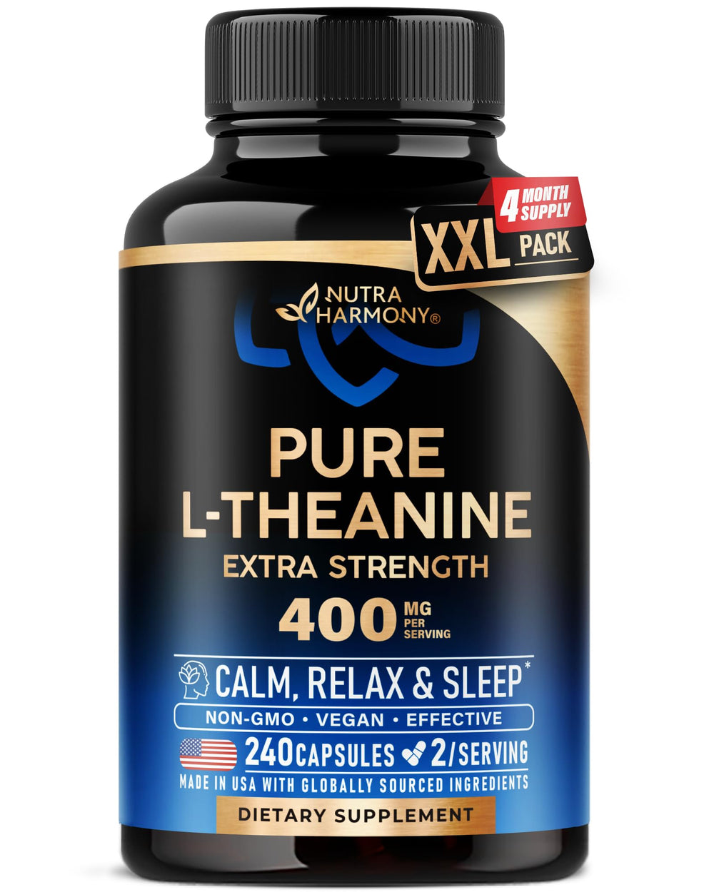 NUTRAHARMONY L-Theanine 400 mg bottle for daily calm and relaxation.