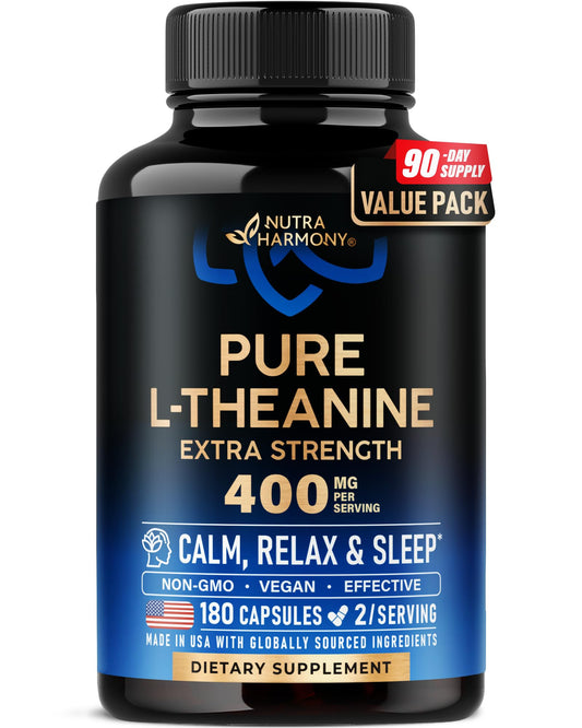 NUTRAHARMONY L-Theanine 400 mg bottle supports calm focus and daily relaxation.