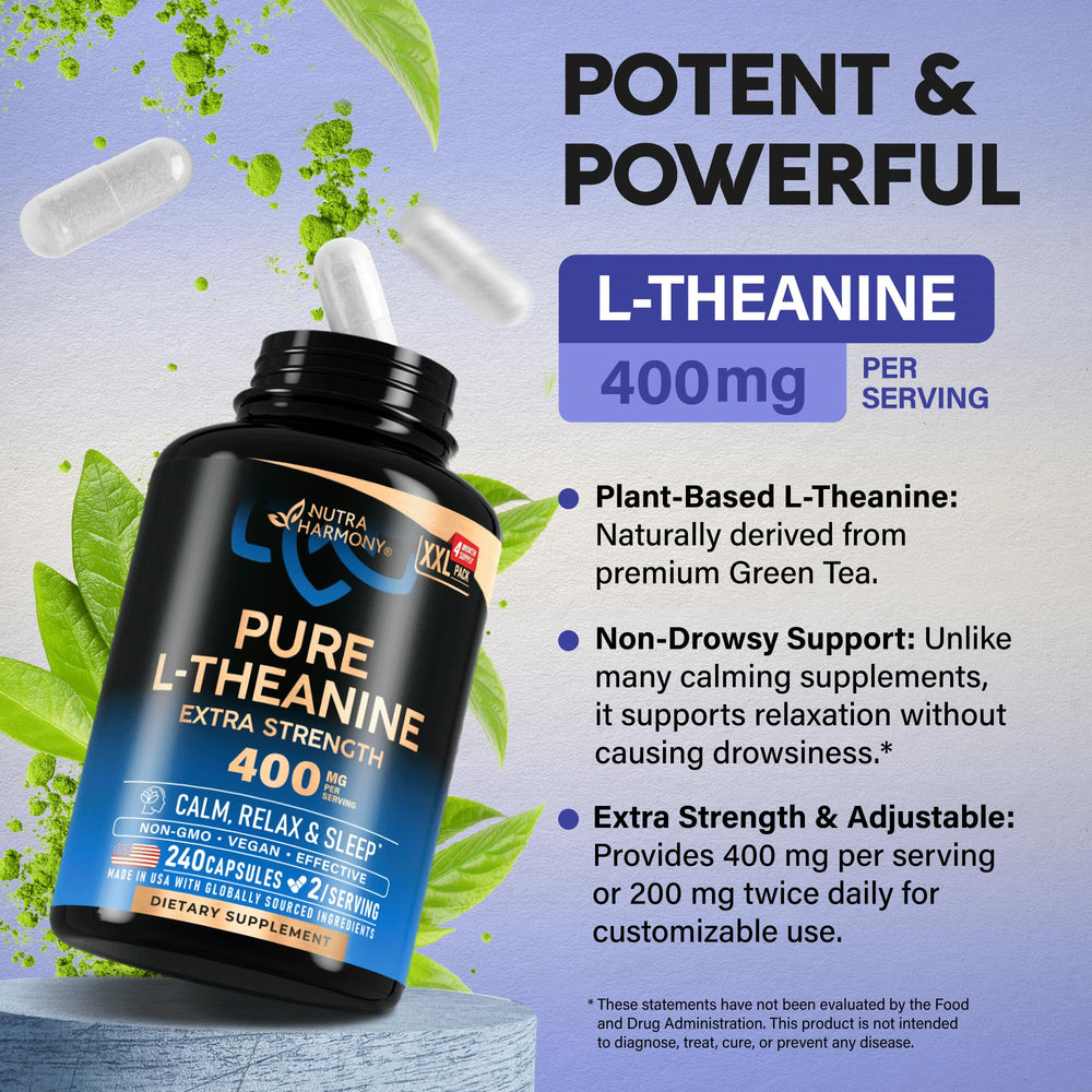 NUTRAHARMONY L-Theanine bottle close-up highlighting stress relief cues.