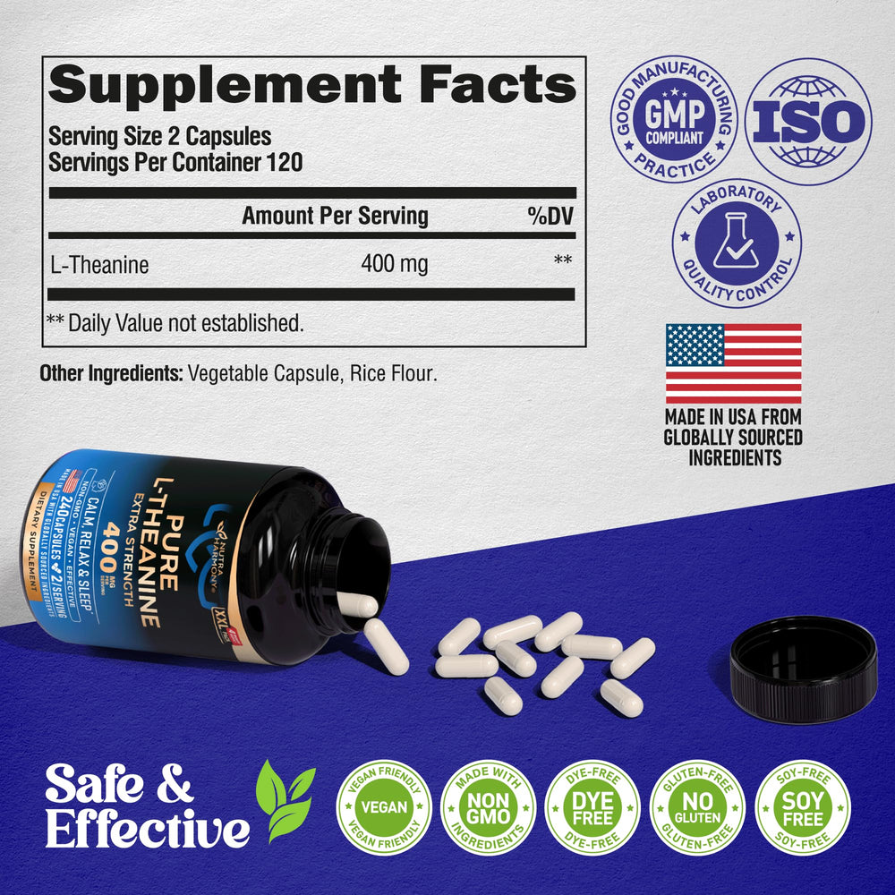 NUTRAHARMONY L-Theanine vegan non-GMO gluten-free formula.