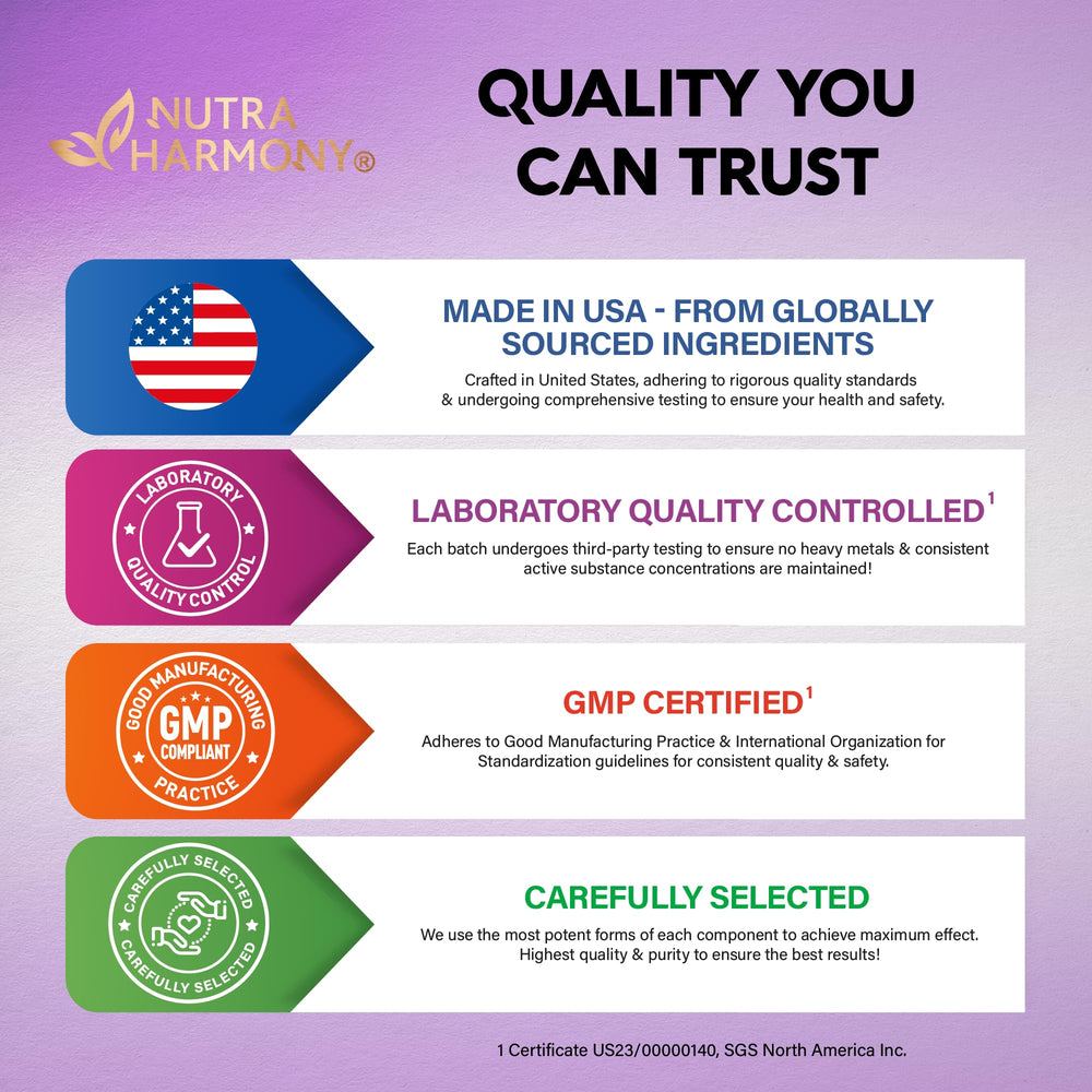 Nutraharmony packaging close-up highlights vegan and USA-made quality.