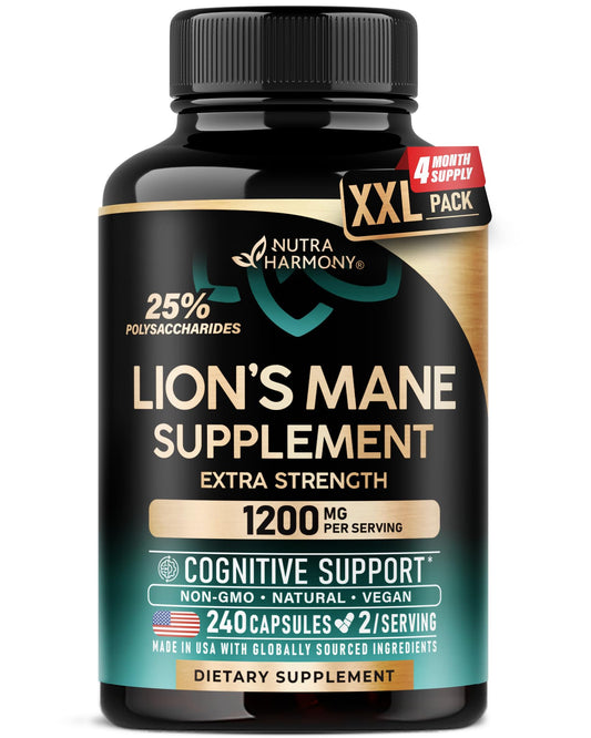 NutraHarmony Lions Mane bottle front: premium brain health supplement for daily focus