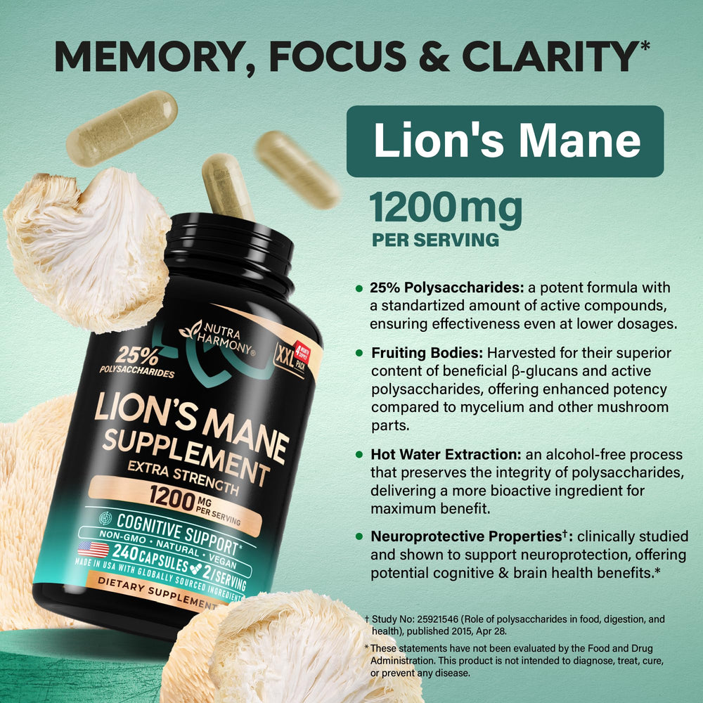 NutraHarmony Lions Mane fruiting body: showcases beta-glucans and immune-support potential