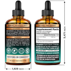 NutraHarmony Lions Mane liquid dropper dispensing drops for easy focus support.