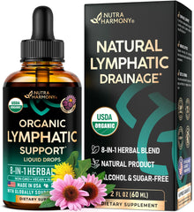 NutraHarmony Lymph Drops bottle shows a premium organic blend for daily support.