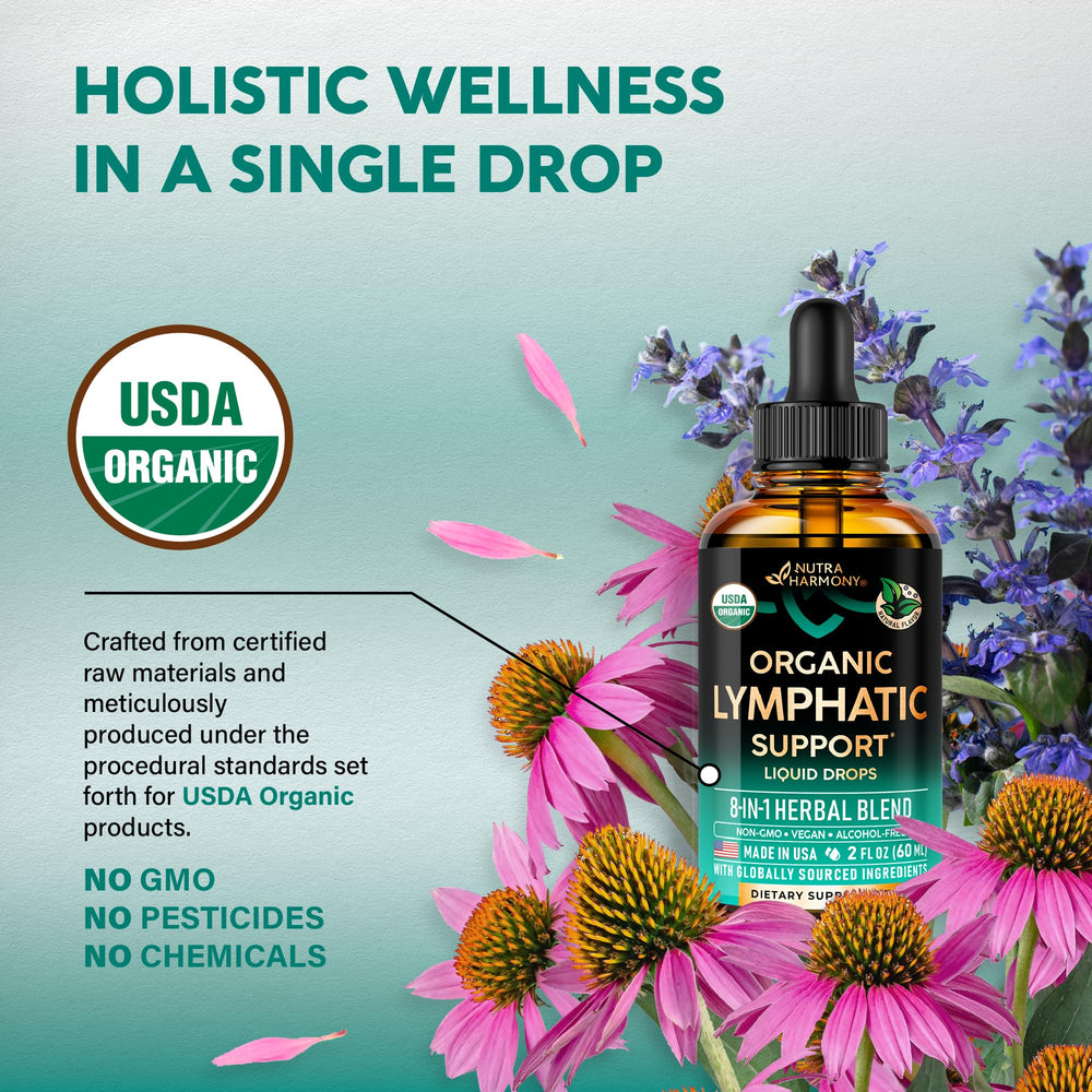 NutraHarmony Lymph Drops herbal blend features elderberry, echinacea, and dandelion.