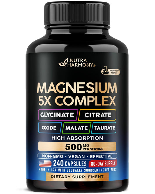 NUTRAHARMONY Magnesium 5-in-1 bottle showcases a vegan, non-GMO formula for daily wellness.