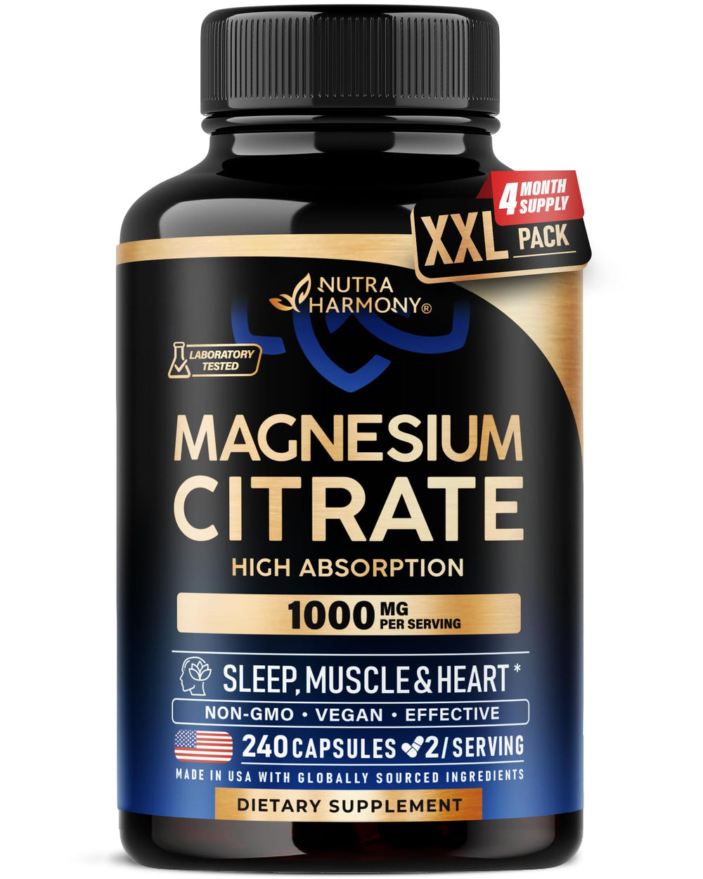 NUTRAHARMONY Magnesium Citrate 1000mg bottle label highlights high absorption for daily wellness
