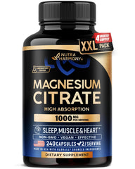 NUTRAHARMONY Magnesium Citrate 1000mg bottle label highlights high absorption for daily wellness