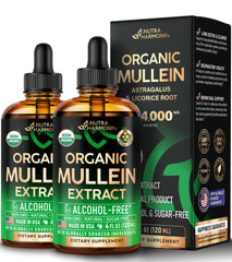 NUTRAHARMONY Mullein Drops bottle label promoting organic lung support.