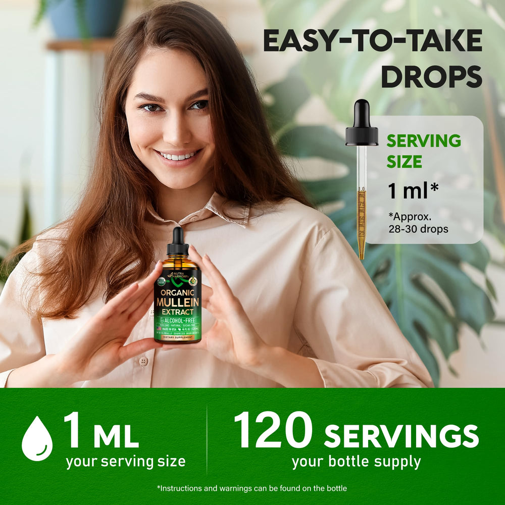 NUTRAHARMONY Mullein Drops ingredients panel highlights organic, NON-GMO, vegan formula.