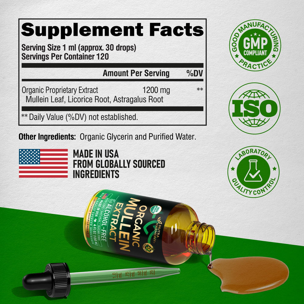 NUTRAHARMONY Mullein Drops capsules beside bottle indicating pill form option.