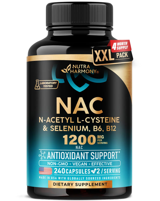 NUTRAHARMONY NAC bottle on table highlights antioxidant support for daily wellness