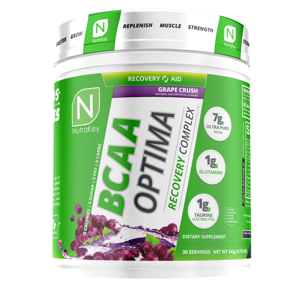 NutraKey BCAA Optima bottle promoting post-workout recovery with grape flavor