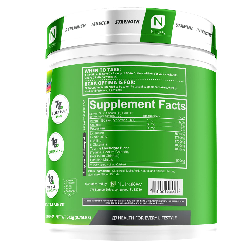 NutraKey BCAA Optima powder tub highlighting high potency recovery formula for lean muscle support